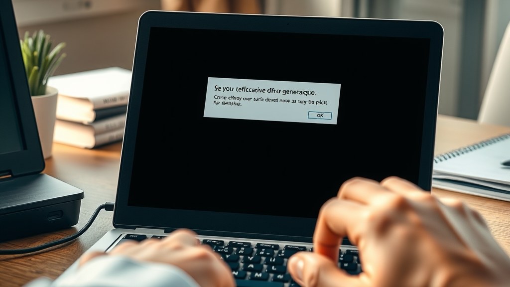 Un écran d'ordinateur affiche un message d'erreur, tandis que des mains tapent sur le clavier.
