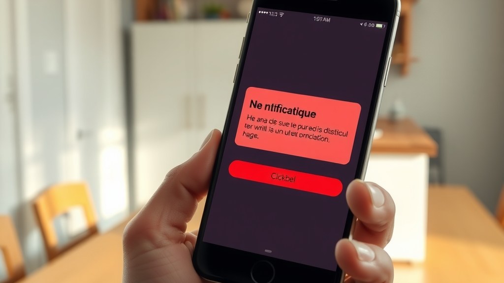 Une personne consulte une notification suspecte sur son téléphone, dans un cadre domestique ordinaire.