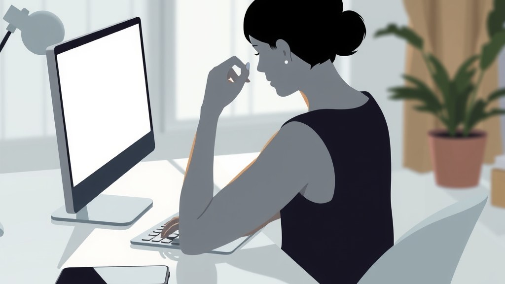 Une personne examine un message suspect sur son ordinateur, dans un environnement de travail typique.