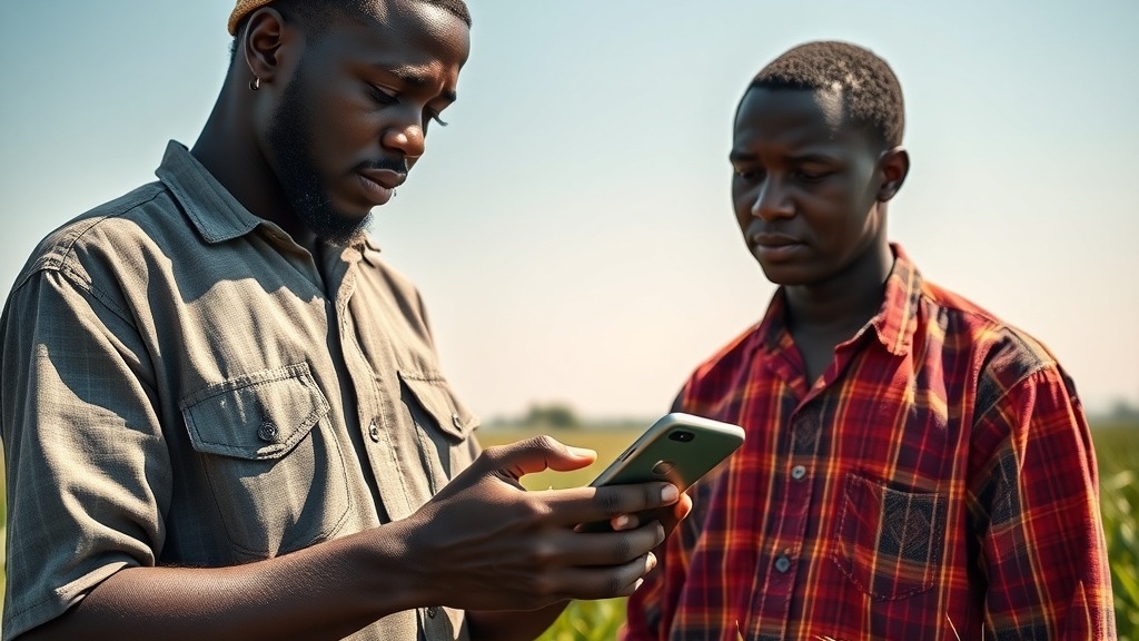 Agriculteur burkinabè utilisant une application d'IA pour optimiser ses cultures