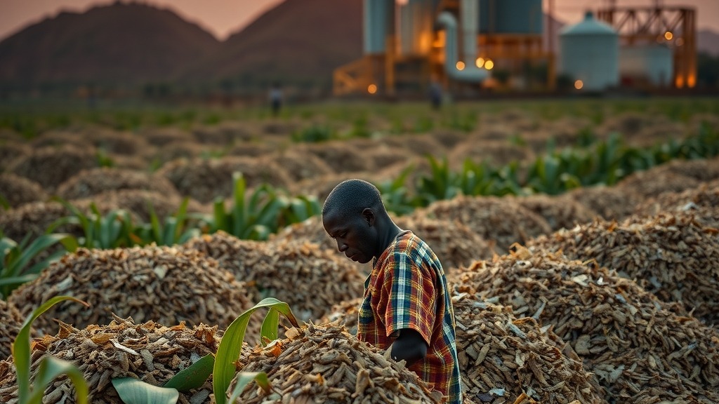 Agriculteur nigérian devant des résidus de maïs transformés en énergie dans une unité de biogaz