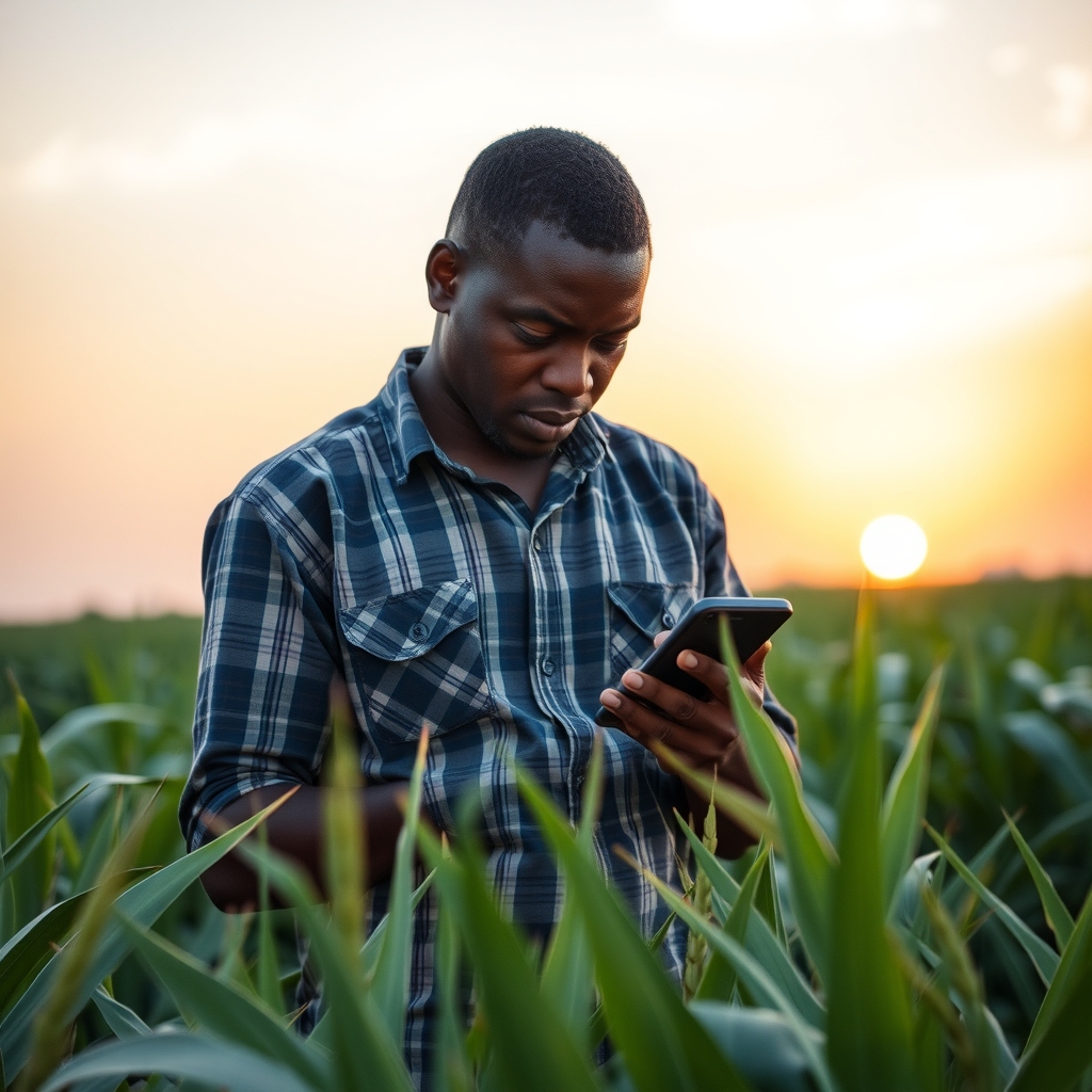 Agriculteur utilisant un smartphone dans un champ en Afrique