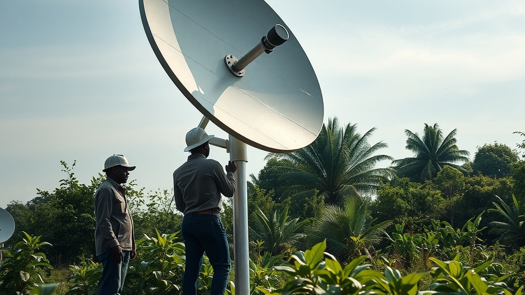 Antenne satellitaire installée dans une zone rurale du Liberia pour améliorer la connectivité numérique