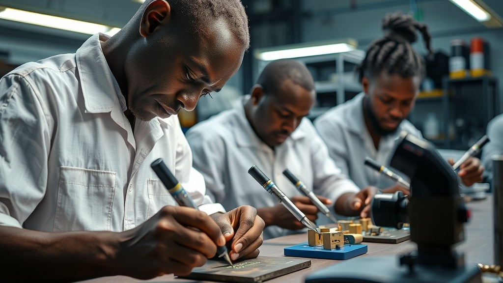 Atelier de fabrication de circuits imprimés en Afrique, illustrant les efforts d'industrialisation locale