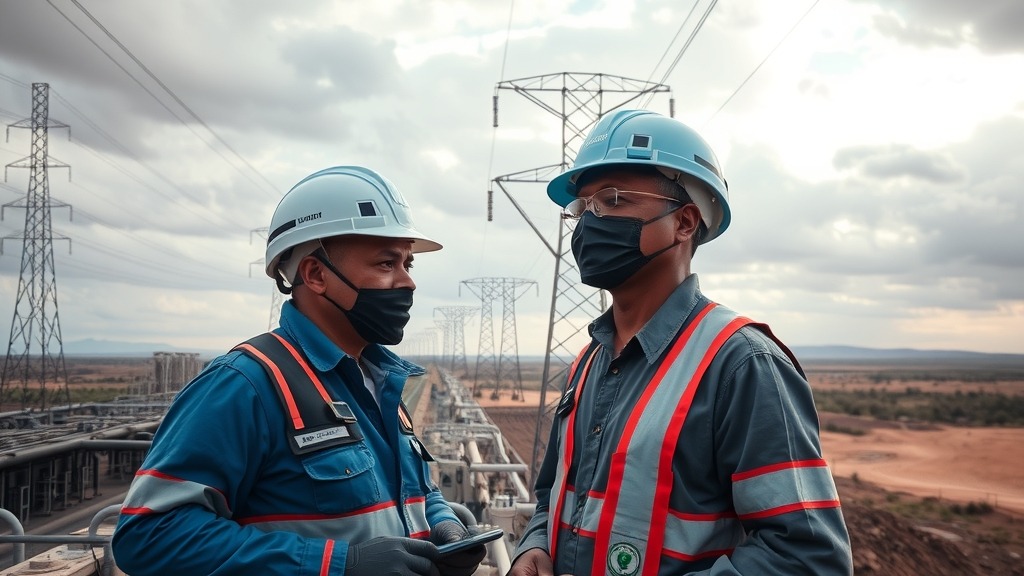 Centrale hydroélectrique et pylônes électriques en Afrique australe, illustrant les échanges d'énergie du SAPP