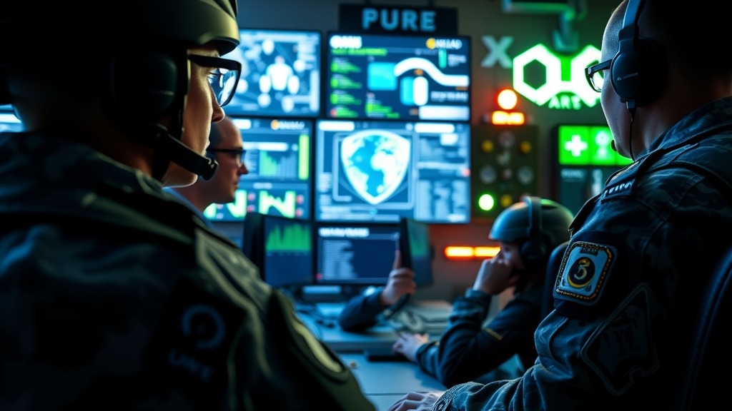 Centre de commandement cyber de l'armée américaine avec des agents IA en opération