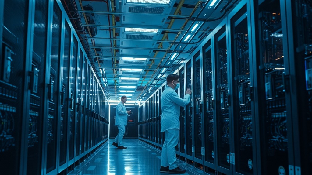 Centre de données moderne avec des serveurs alignés et des techniciens en activité