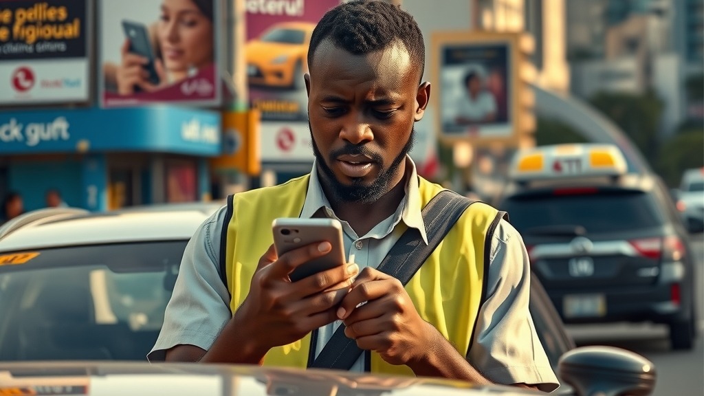 Chauffeur Uber africain consultant son smartphone avec inquiétude après une suspension de compte
