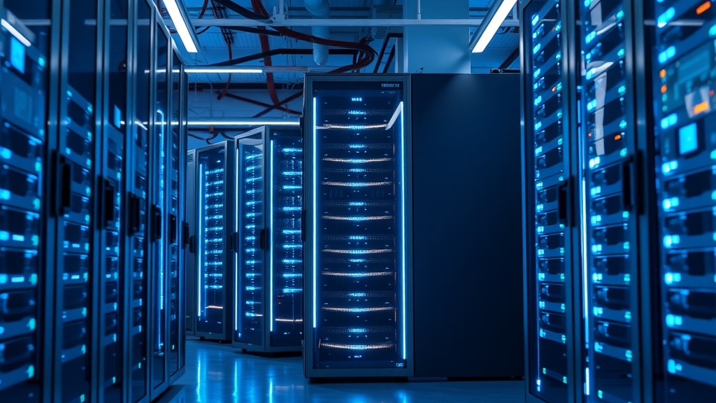Data center moderne avec serveurs et lumières bleutées