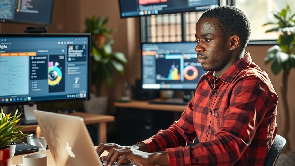 Développeur burkinabè utilisant des outils d'IA open source dans un espace de coworking à Ouagadougou