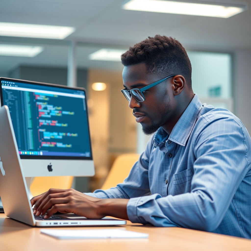 Développeur informatique africain utilisant un éditeur de code