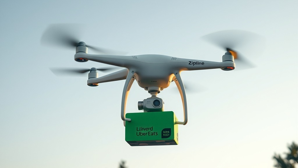 Drone Zipline livrant un colis Uber Eats aux États-Unis