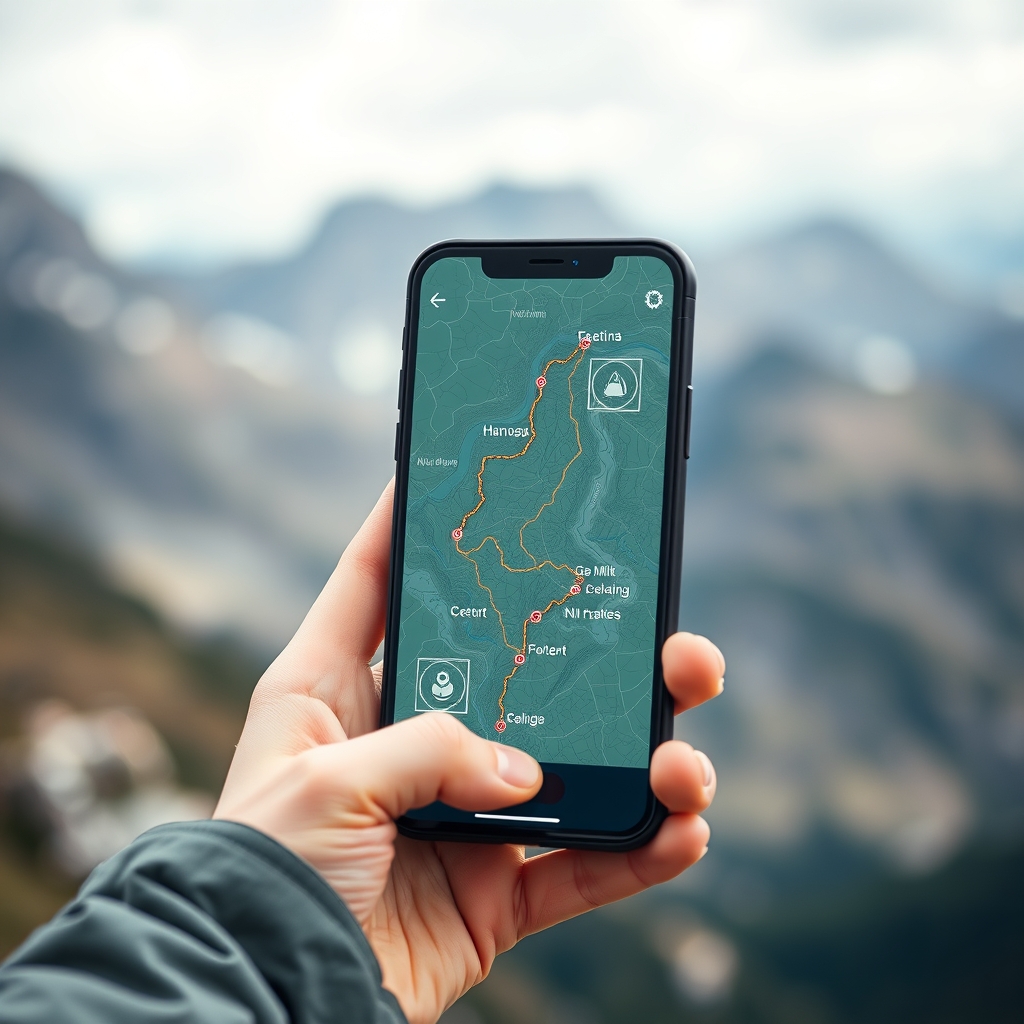 Écran de smartphone affichant un itinéraire de randonnée virtuel généré par IA
