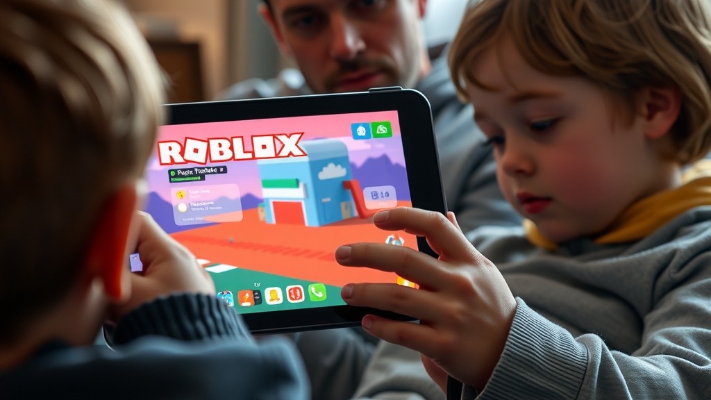 Enfant jouant à Roblox sur une tablette sous le regard attentif d'un adulte