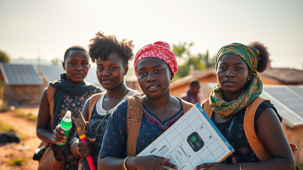Femmes africaines formées à l'installation de kits solaires dans un village rural, initiative des grands-mères solaires
