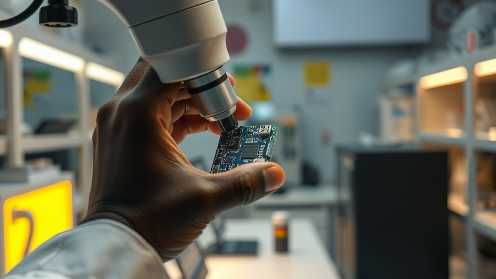 Ingénieur africain inspectant une puce électronique sécurisée dans un laboratoire