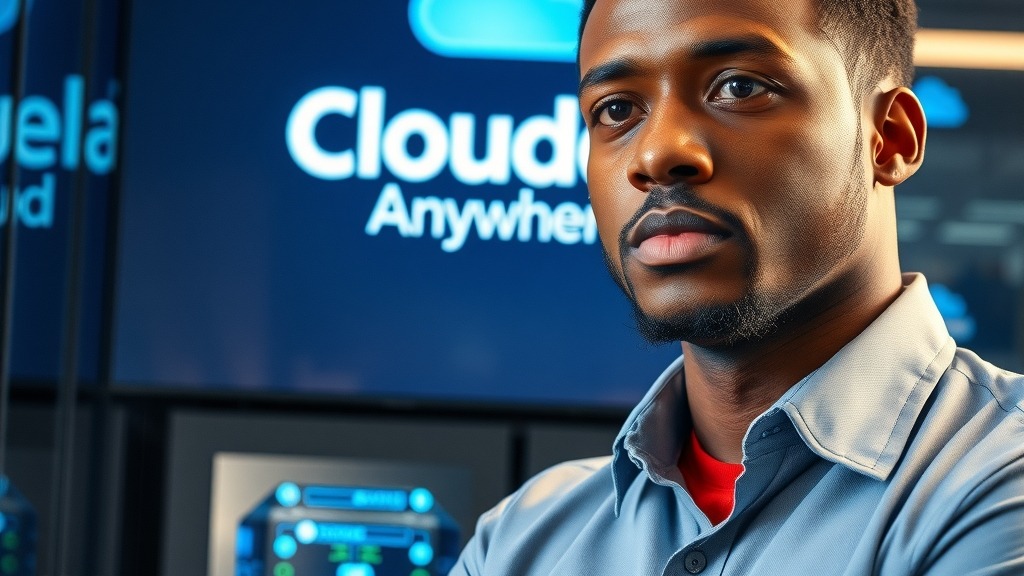 Ingénieur africain utilisant la plateforme Cloudera Anywhere Cloud dans un data center moderne