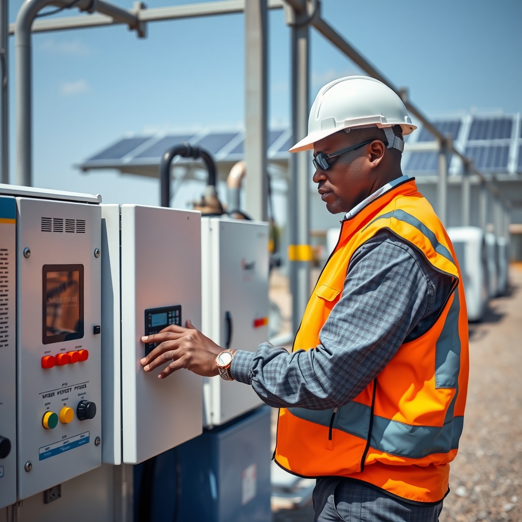 Ingénieur inspectant des équipements de stockage d'énergie solaire