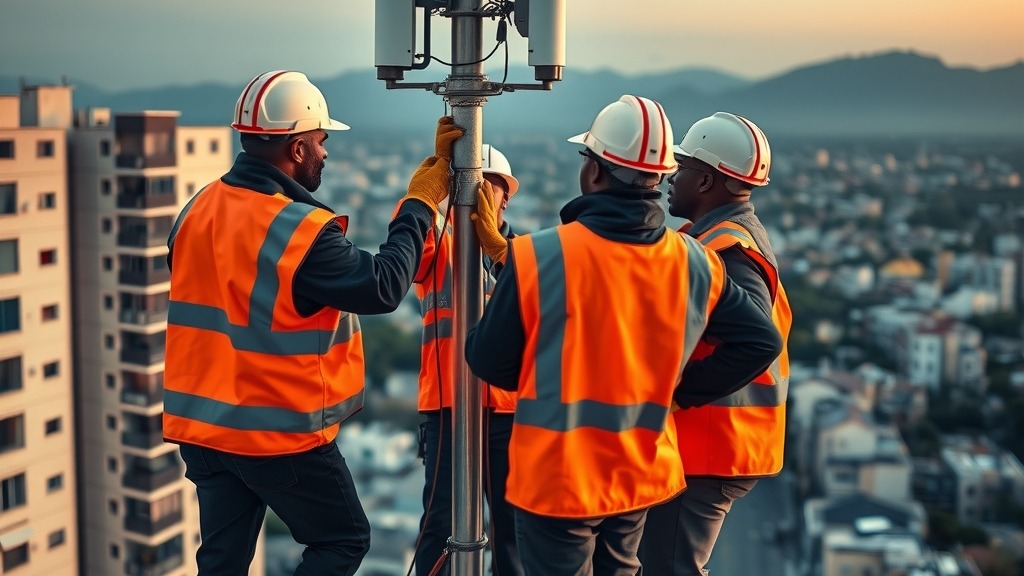 Ingénieurs installant une antenne 5G pour le réseau Comsol en Afrique du Sud