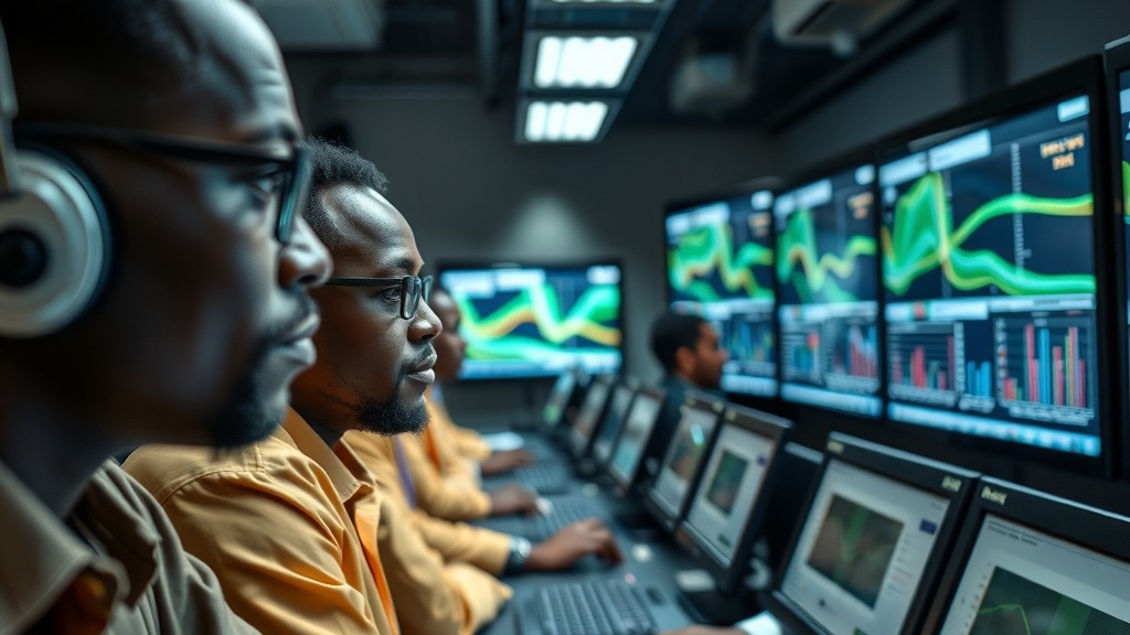 Ingénieurs nigérians dans une salle de contrôle d'une centrale énergétique alimentée par des déchets agricoles