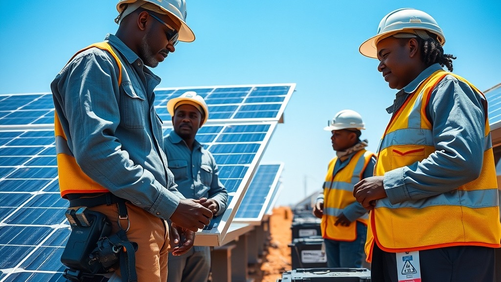 Ingénieurs supervisant une centrale solaire en Afrique, symbole de la transition énergétique verte