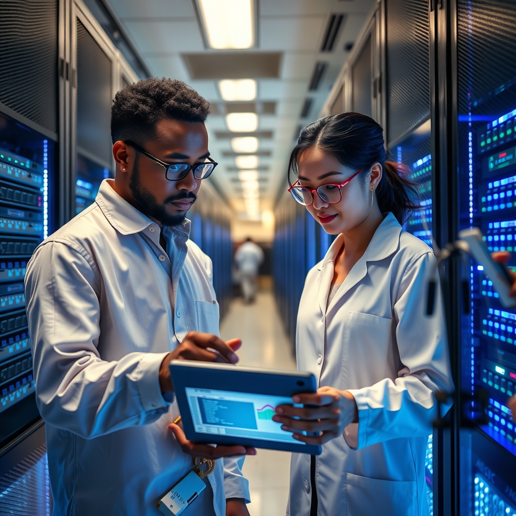 Ingénieurs travaillant dans un datacenter de haute technologie
