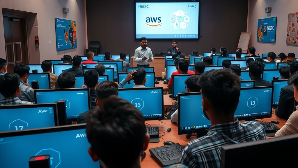 Jeunes Indiens en formation cloud et IA dans une salle équipée par AWS et NSDC