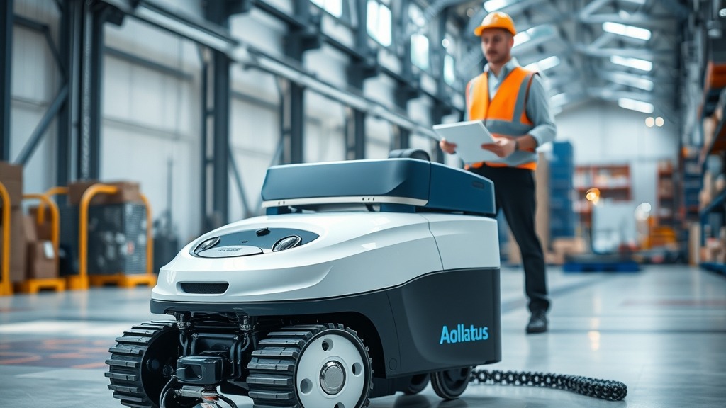 Robot autonome Adlatus SR1300 en train de nettoyer un entrepôt industriel