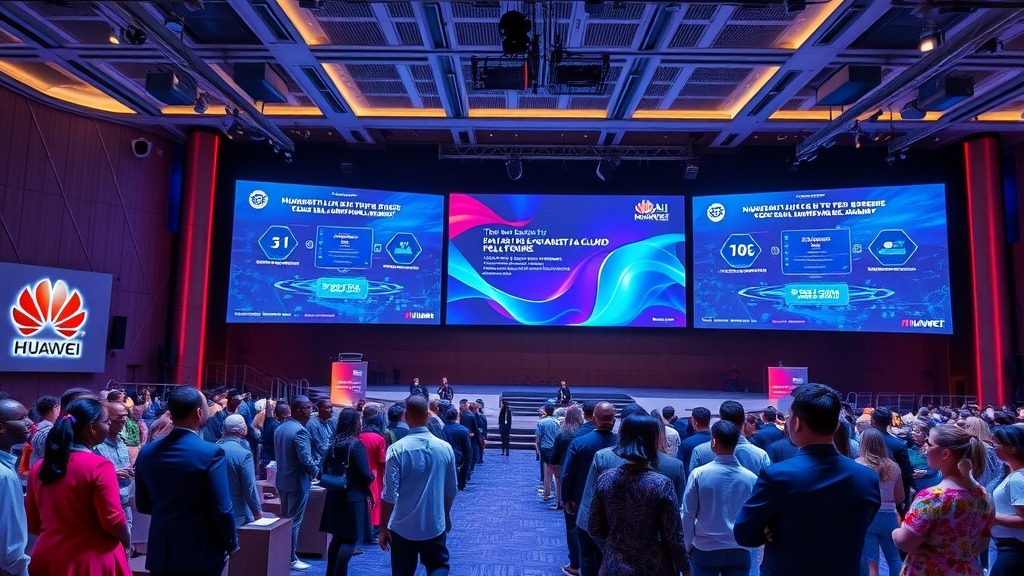 Salle de conférence du Huawei Nigeria AI & Cloud Summit 2026 avec écrans affichant des interfaces d’IA