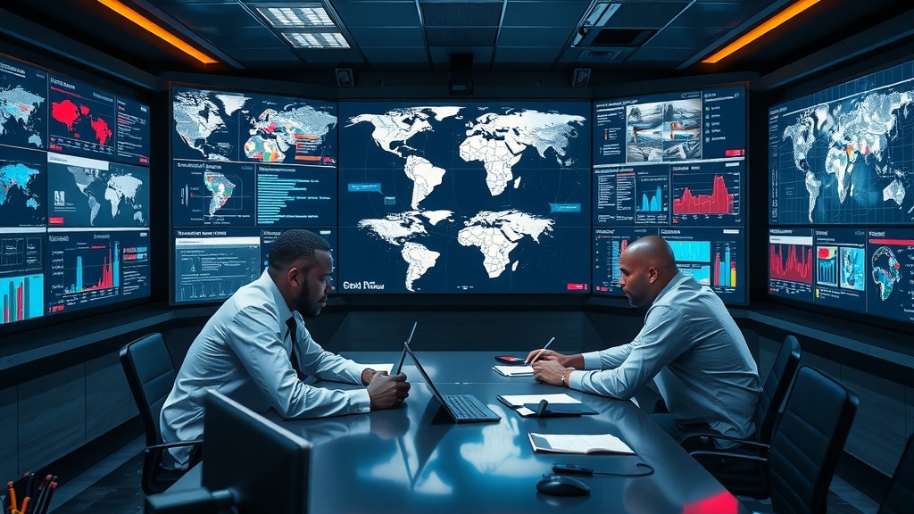 Salle de contrôle cybersécurité en Afrique avec des techniciens collaborant