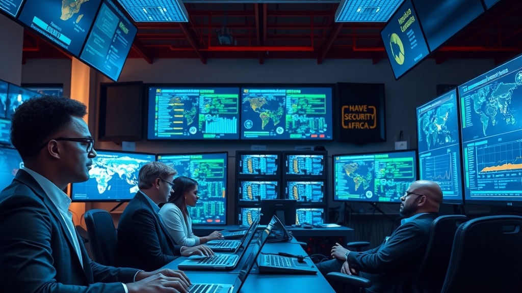Salle de contrôle d’un data center africain avec des écrans de cybersécurité