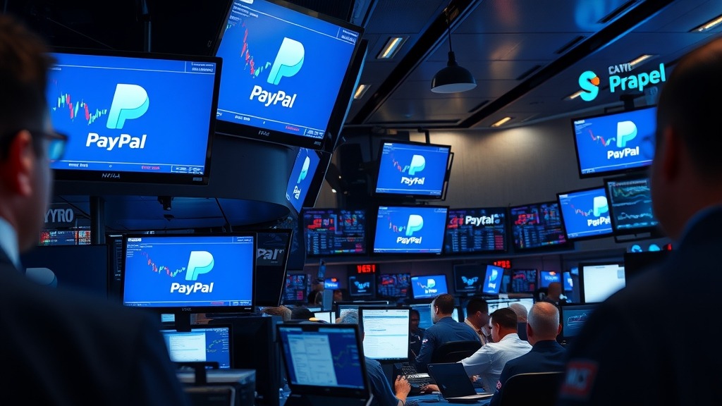 Salle de trading avec écrans affichant la chute des actions de PayPal