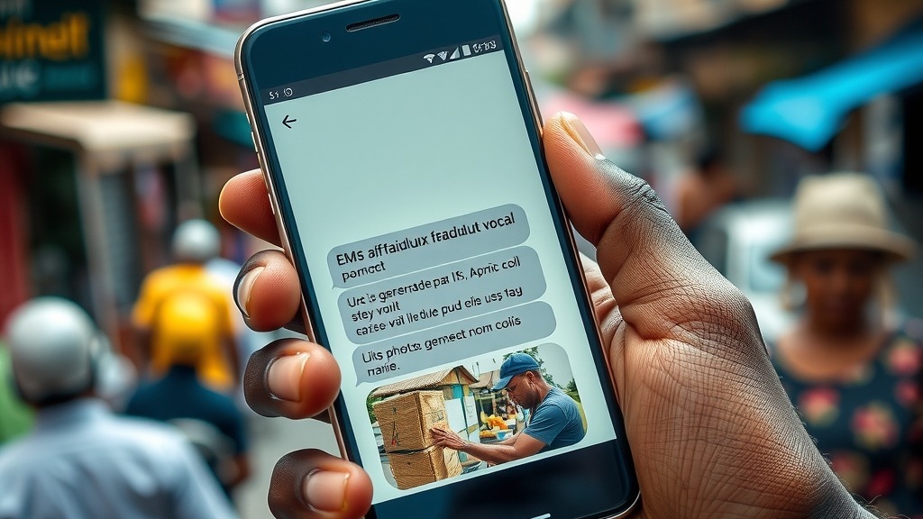Smartphone affichant un SMS frauduleux avec une photo générée par IA d'un colis