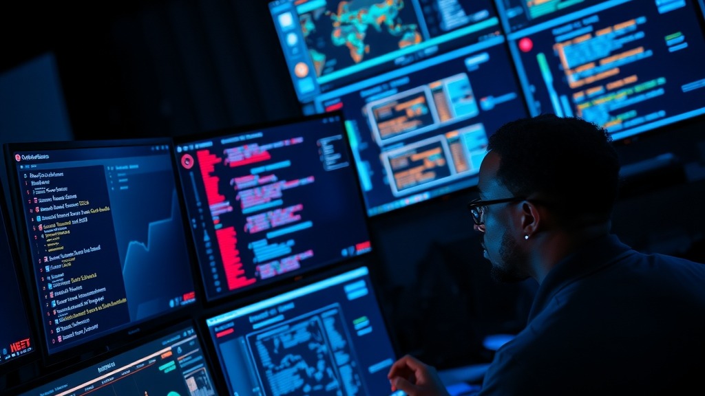 Spécialiste africain en cybersécurité analysant des données réseau sur écrans