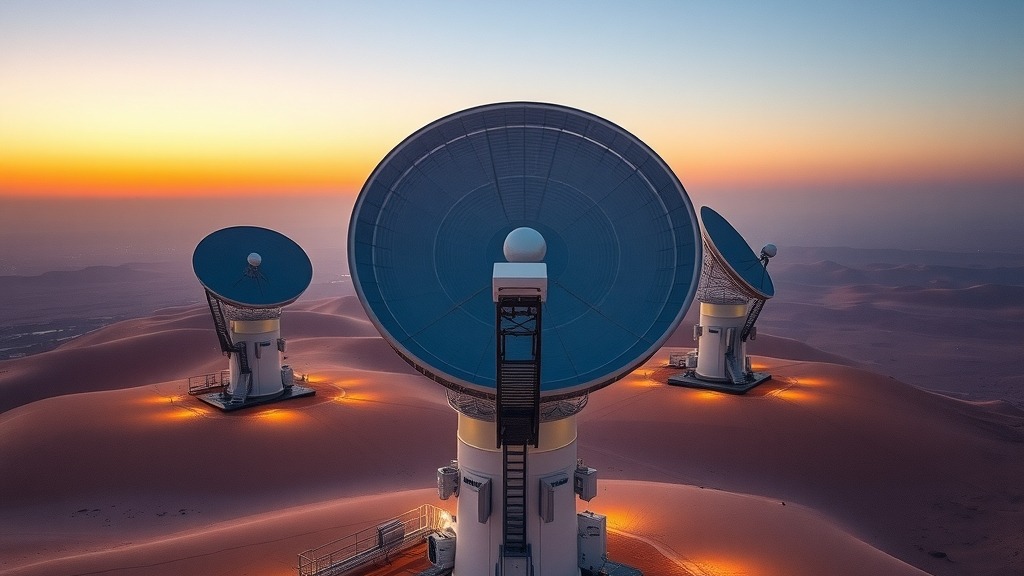 Station terrestre de télécommunications en Oman avec paraboles et satellites LEO en arrière-plan