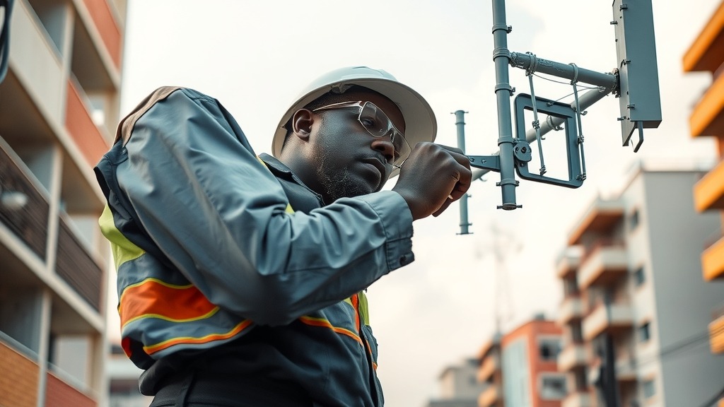 Technicien inspectant une antenne relais de NTEL au Nigeria