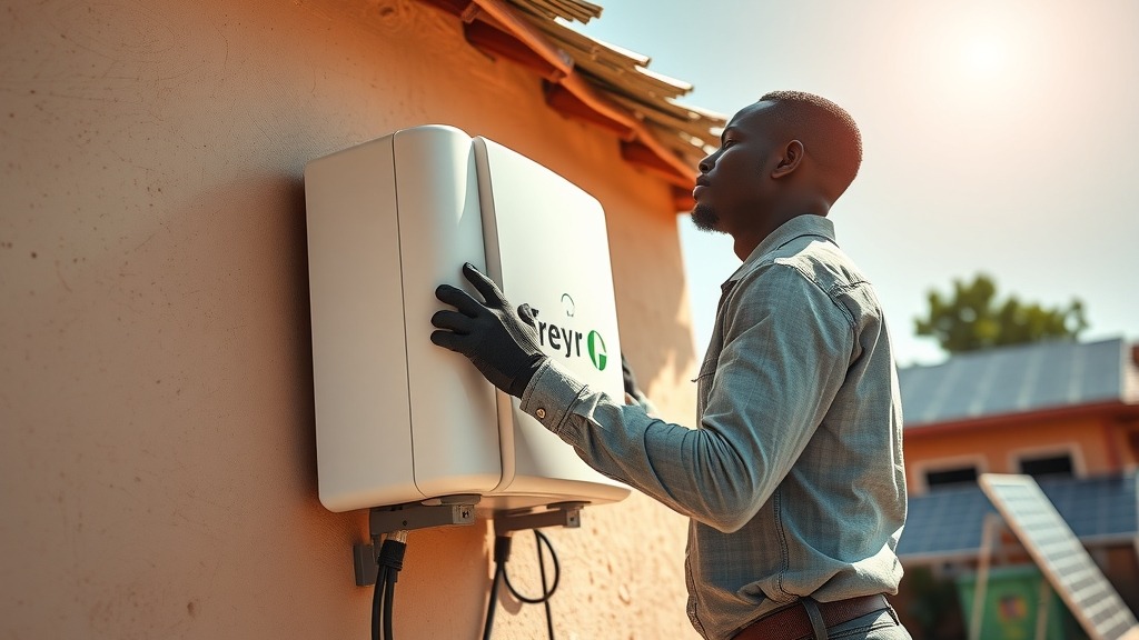 Technicien installant un onduleur solaire Freyr Energy en carbure de silicium sur une maison africaine