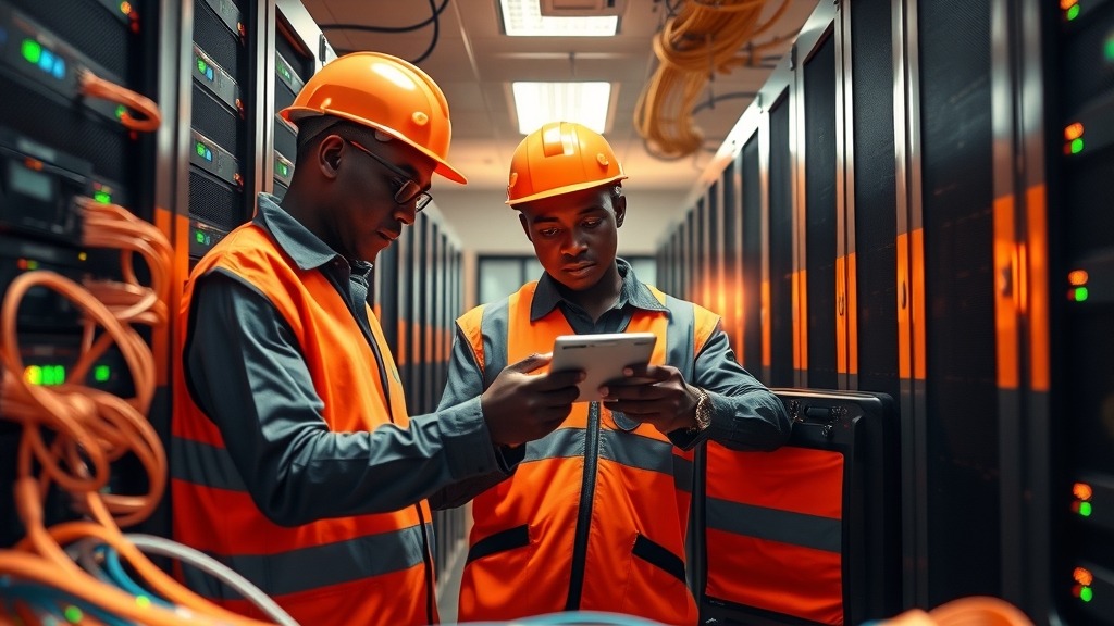 Techniciens télécoms inspectant les baies de serveurs de fibre optique