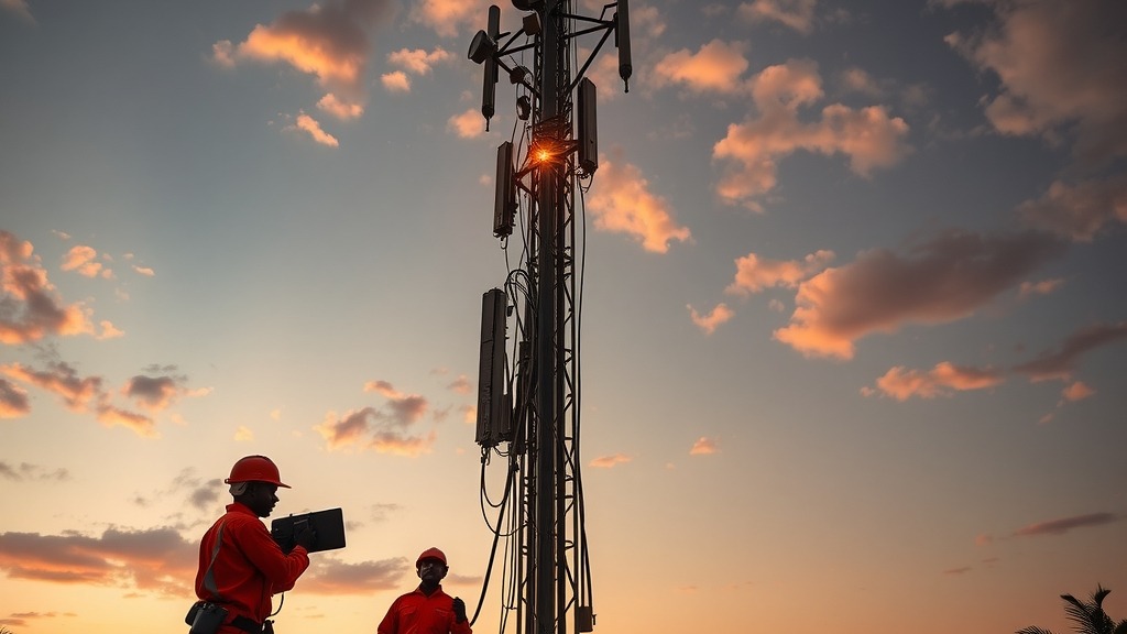 Techniciens vérifiant une antenne télécoms en Afrique