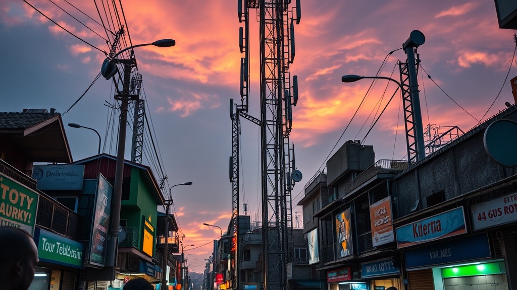 Tour de télécommunication à Lagos avec des utilisateurs de smartphones en premier plan