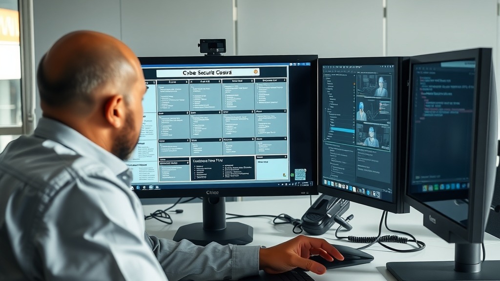Administrateur informatique analysant un tableau de bord de cybersécurité