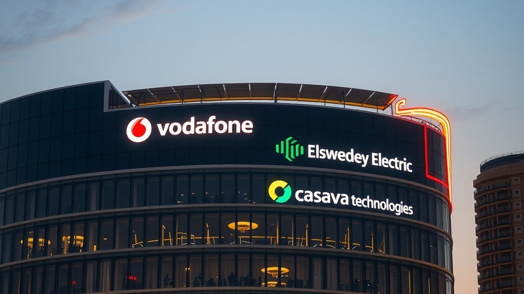 Bâtiment de data center à Caire avec logos des partenaires technologiques
