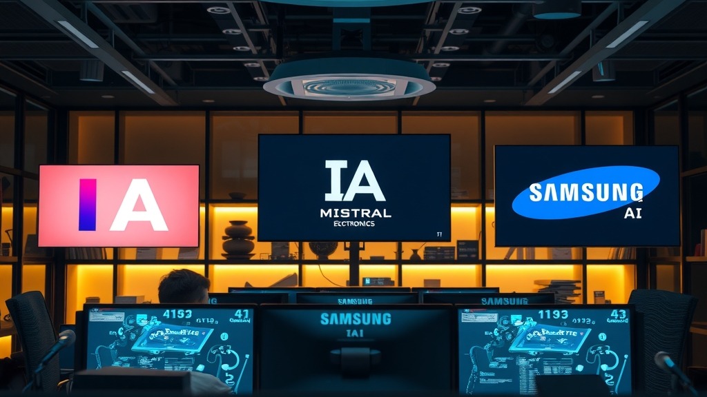 Bureau de Mistral AI à Paris avec écrans d’IA et logos Mistral et Samsung
