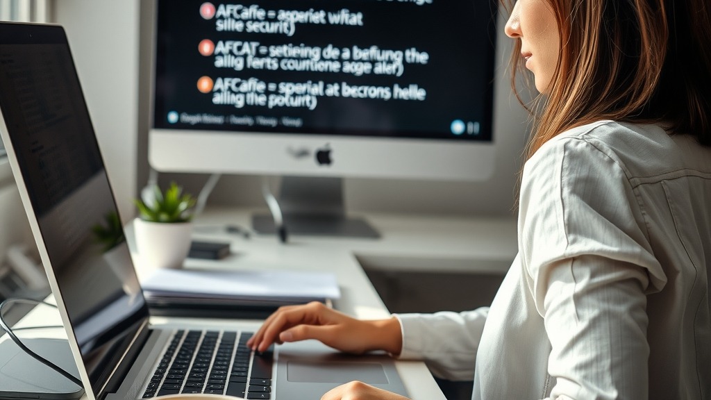 Bureau de travail avec un ordinateur portable affichant des alertes de sécurité