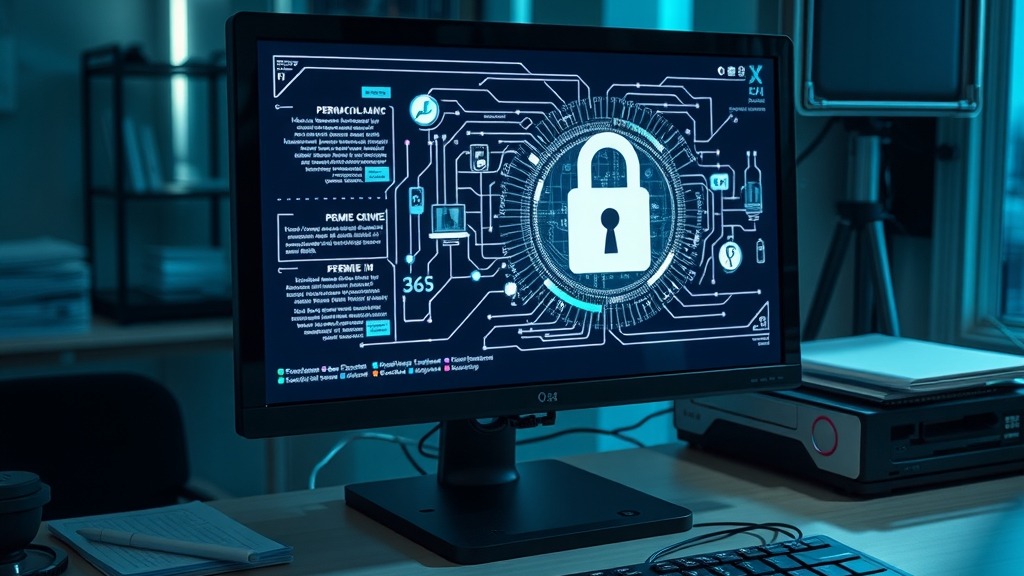 Bureau moderne avec écran affichant un graphique de cybersécurité et documents d’identité