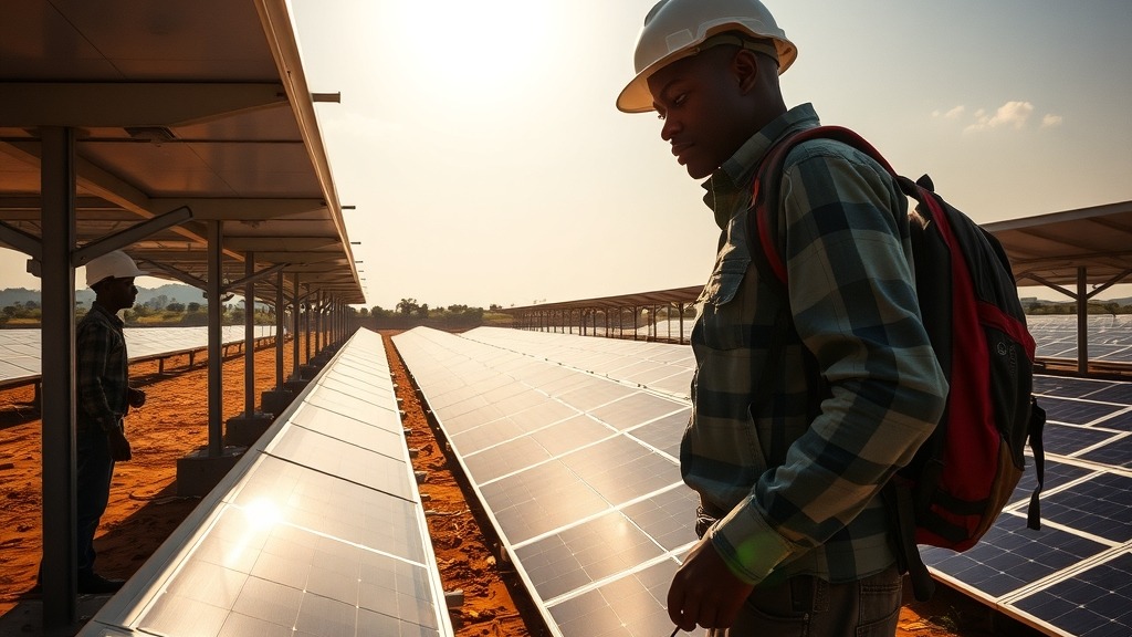 Champ de panneaux solaires en Zambie avec des techniciens en inspection