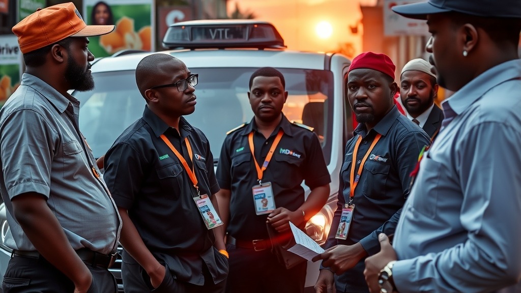 Chauffeurs de VTC nigérians discutant devant un véhicule inDrive