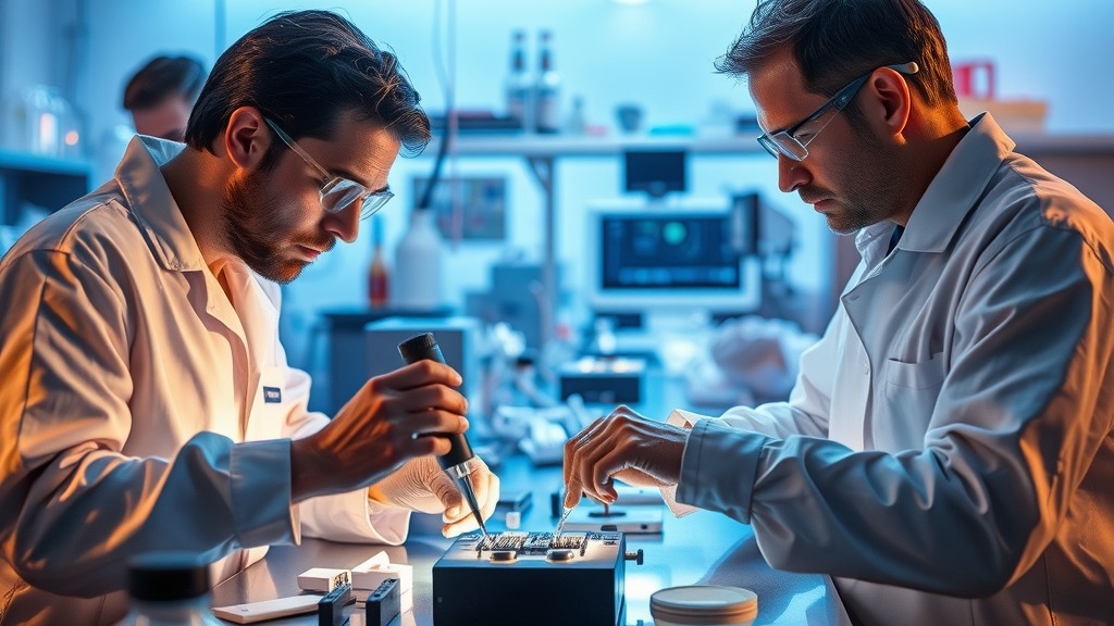Chercheurs en laboratoire de photonique manipulant des composants en silicium photonique