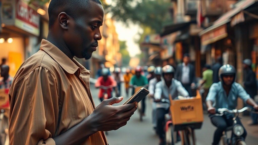 Commerçant burkinabè utilisant Wefafa pour gérer une commande en ligne dans une rue de Ouagadougou
