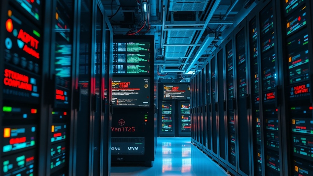 Data center avec écrans affichant des alertes de sécurité liées à une cyberattaque par IA